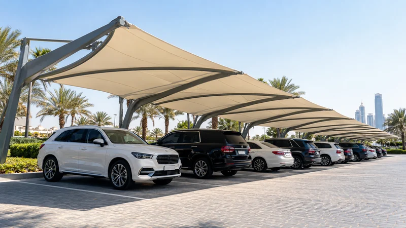 Modern tensile shade canopy over parked vehicles